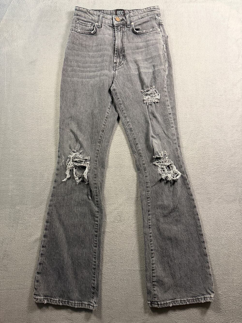 BDG Urban Outfitters High Rise Distressed Knee Frayed Gray Flare Jeans Size 25